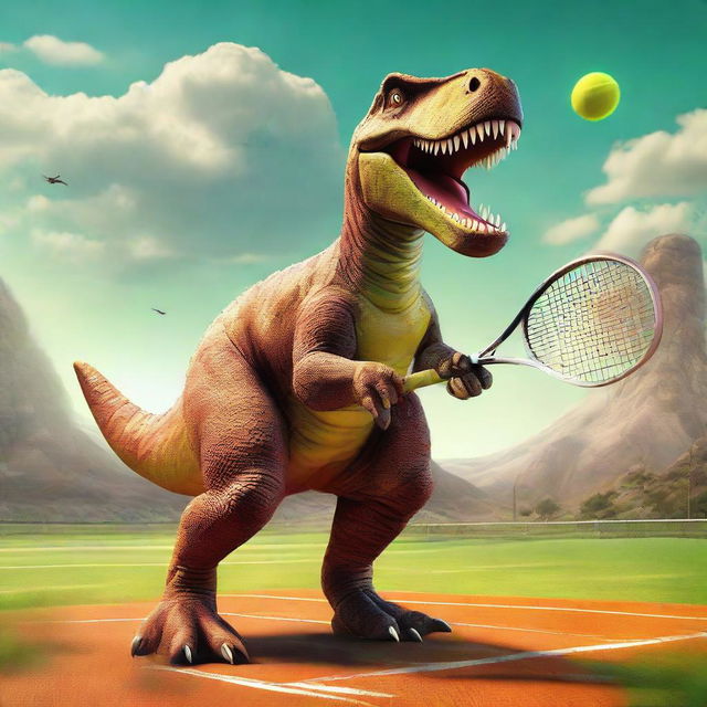 An entertaining image of a dinosaur skillfully wielding a tennis racket, engaged in a high-energy tennis match with a backdrop of prehistoric scenery.