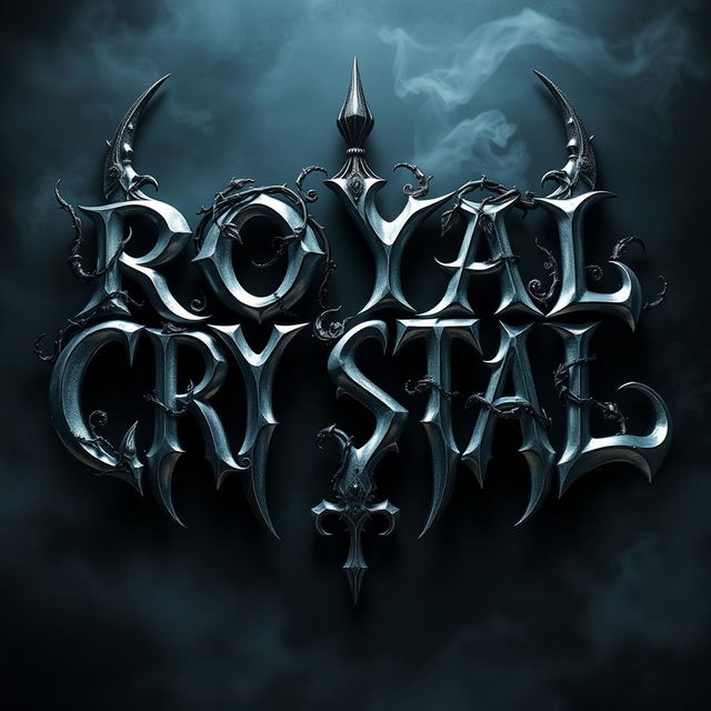 A captivating three-dimensional design featuring the words 'ROYAL CRYSTAL' in a shiny silver color, embodying a dark and demonic aesthetic