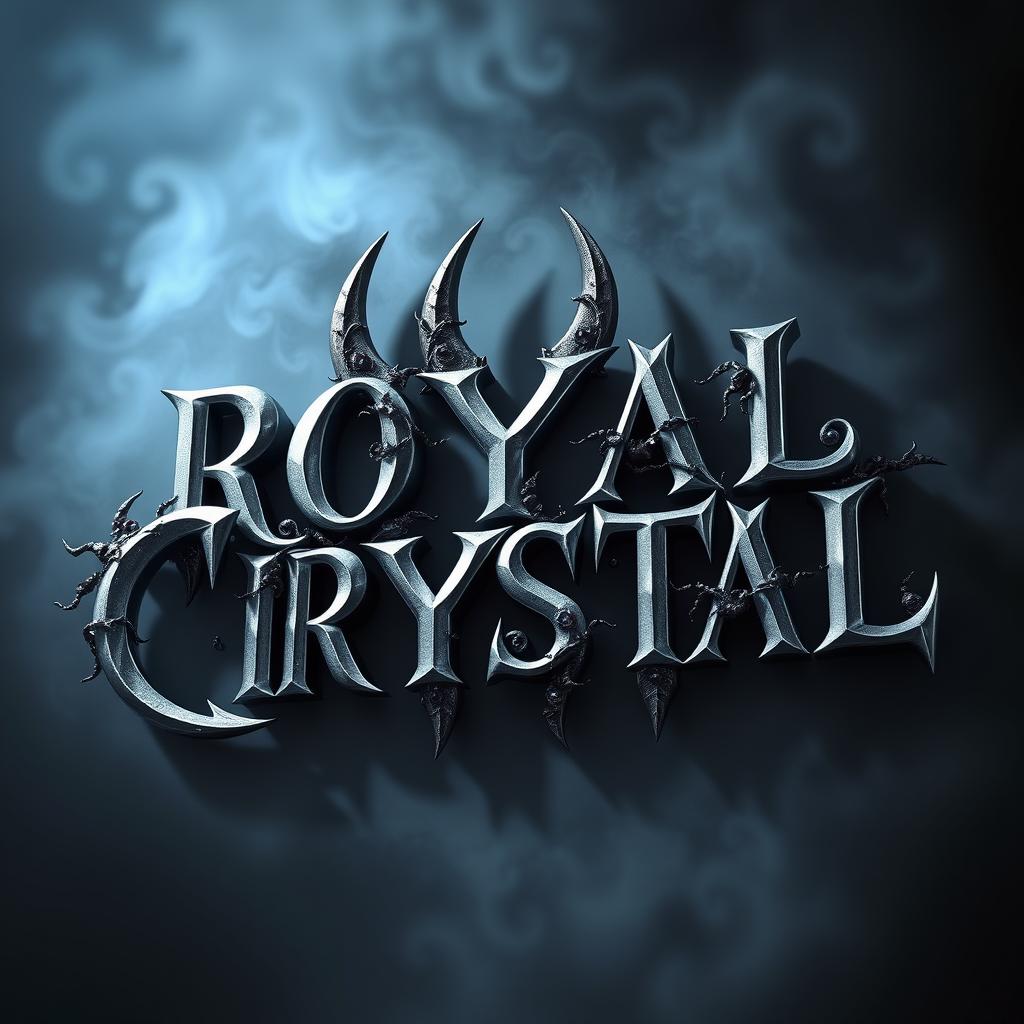 A captivating three-dimensional design featuring the words 'ROYAL CRYSTAL' in a shiny silver color, embodying a dark and demonic aesthetic