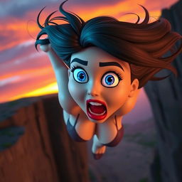 A sexy 3D cartoon woman with striking blue eyes and luscious red lips, her hair flowing in the wind as she dramatically falls off a cliff