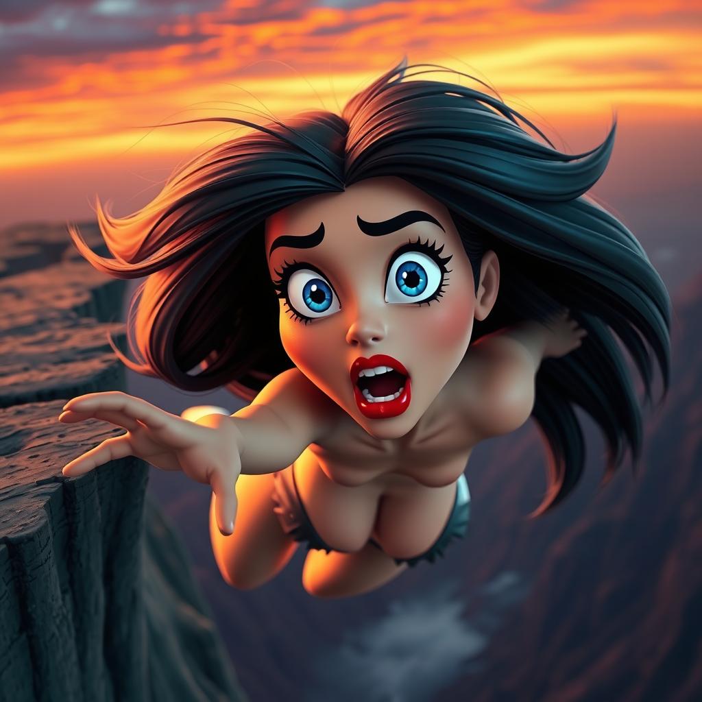 A sexy 3D cartoon woman with striking blue eyes and luscious red lips, her hair flowing in the wind as she dramatically falls off a cliff