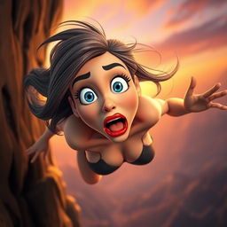 A sexy 3D cartoon woman with striking blue eyes and luscious red lips, her hair flowing in the wind as she dramatically falls off a cliff