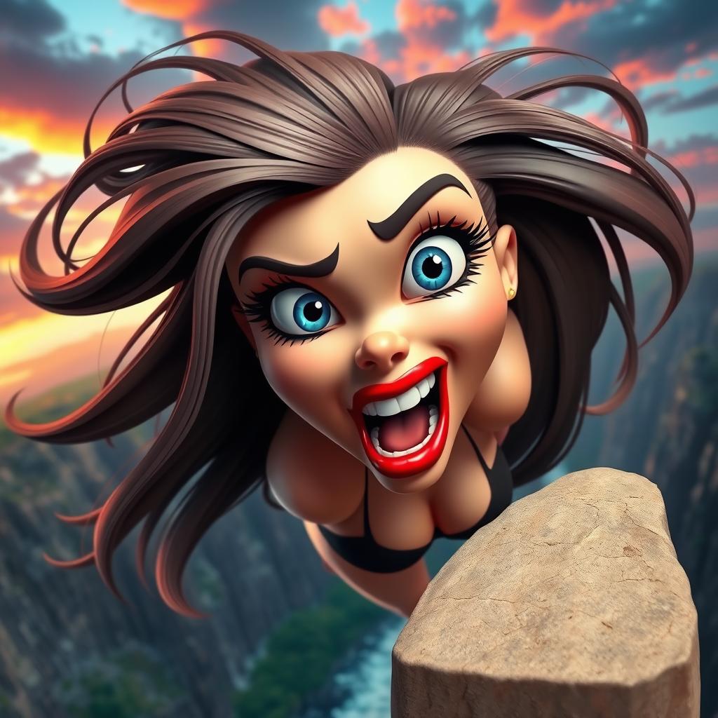 A sexy 3D toon woman with striking blue eyes and vibrant red lips, depicted in an exaggerated cartoon style