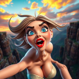 A sexy 3D toon woman with striking blue eyes and vibrant red lips, depicted in an exaggerated cartoon style