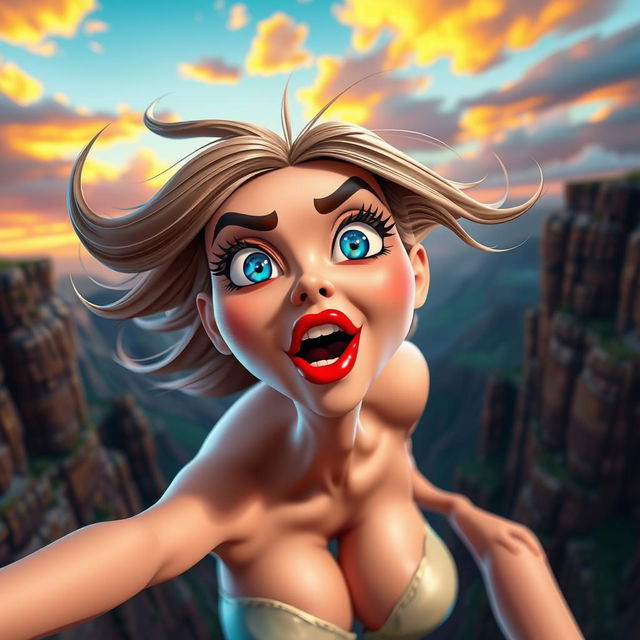 A sexy 3D toon woman with striking blue eyes and vibrant red lips, depicted in an exaggerated cartoon style