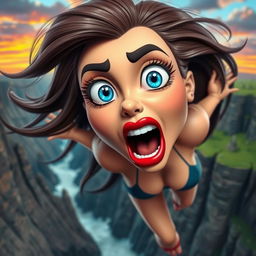A sexy 3D toon woman with striking blue eyes and vibrant red lips, depicted in an exaggerated cartoon style