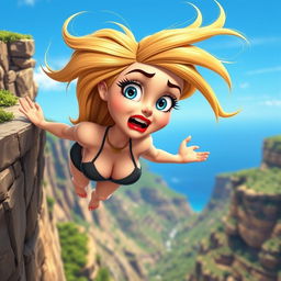 A sexy 3D cartoon woman with striking blue eyes and vibrant red lips, depicted mid-fall from a cliff