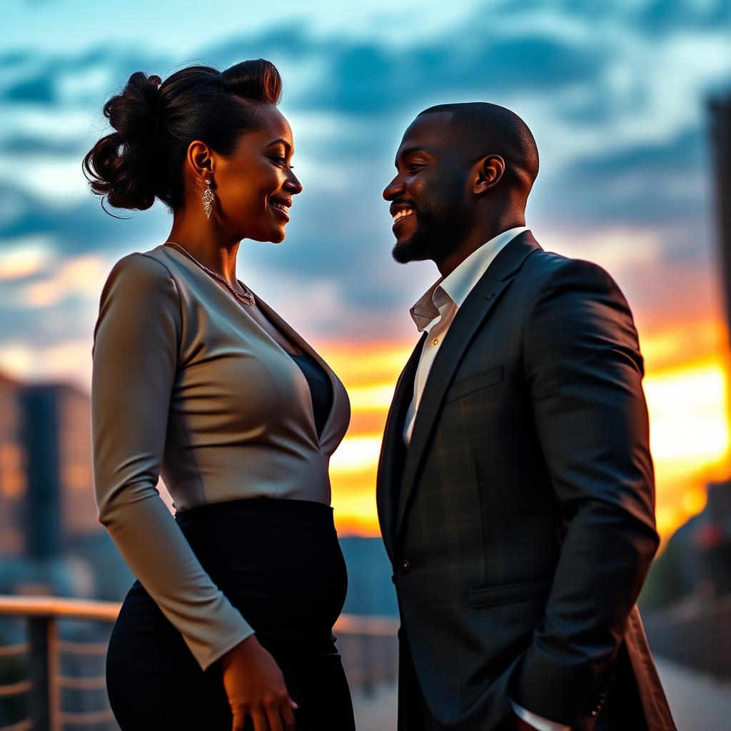 A mature woman with elegant features, dressed in a form-fitting outfit that artistically highlights her curves, standing next to a confident black man in a sharp suit, both sharing a warm and affectionate gaze