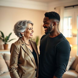 A mature white woman with an elegant appearance, wearing a stylish outfit that highlights her confidence, is playfully engaging with a younger black man who has a charming smile and an athletic build