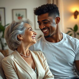 A mature white woman with an elegant appearance, wearing a stylish outfit that highlights her confidence, is playfully engaging with a younger black man who has a charming smile and an athletic build