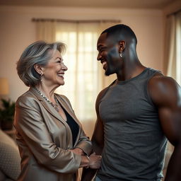 A mature white woman with an elegant appearance, wearing a stylish outfit that highlights her confidence, is playfully engaging with a younger black man who has a charming smile and an athletic build