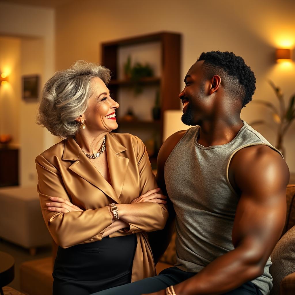 A mature white woman with an elegant appearance, wearing a stylish outfit that highlights her confidence, is playfully engaging with a younger black man who has a charming smile and an athletic build