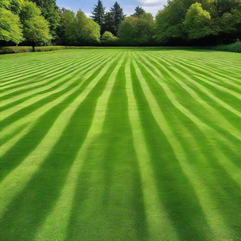 A sprawling, vibrant green lawn that has just been freshly mowed, with distinct, symmetrical stripe patterns.