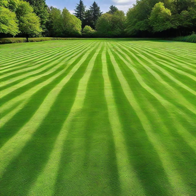 A sprawling, vibrant green lawn that has just been freshly mowed, with distinct, symmetrical stripe patterns.