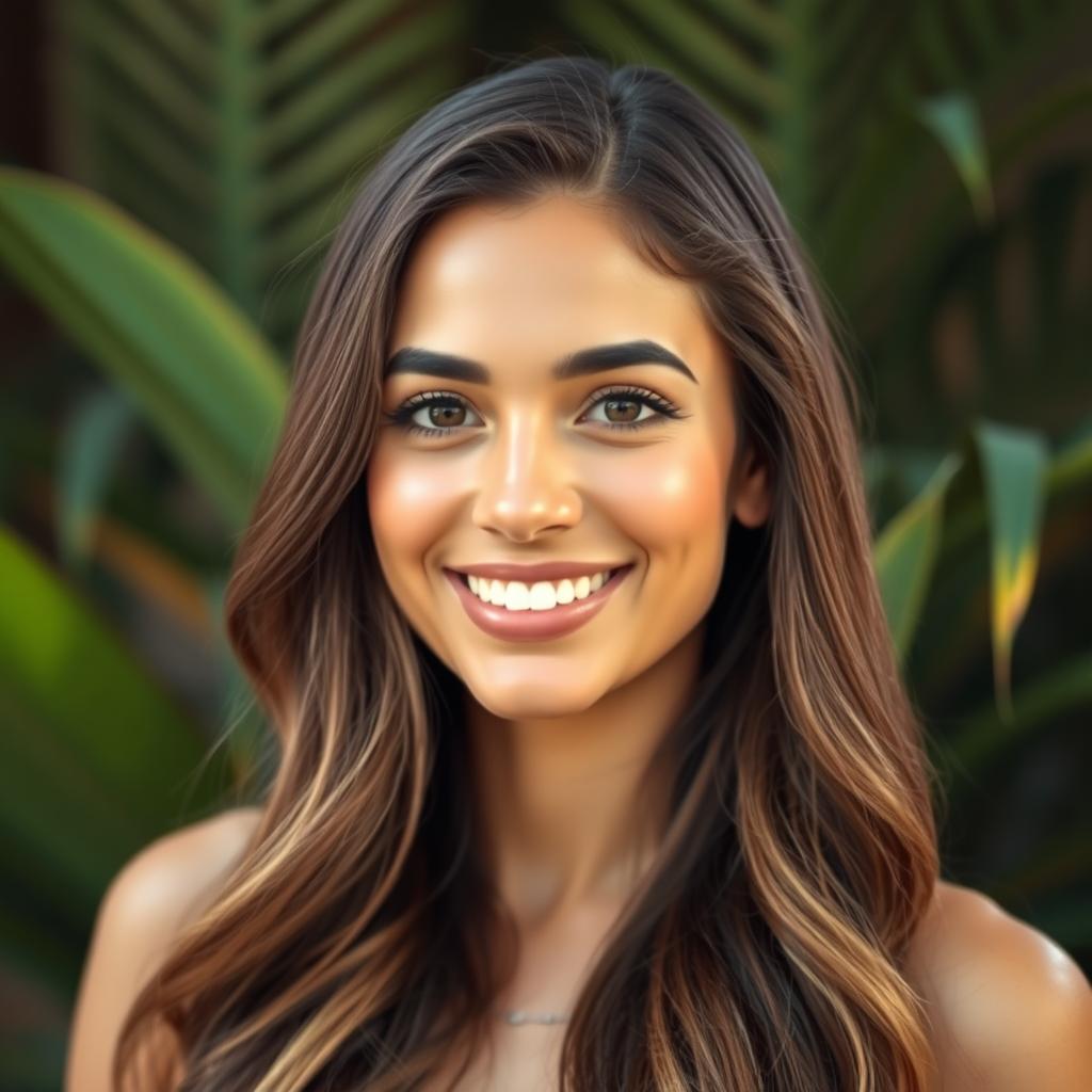 A captivating portrait of a confident and attractive Brazilian woman, aged 30, showcasing her beauty and charm