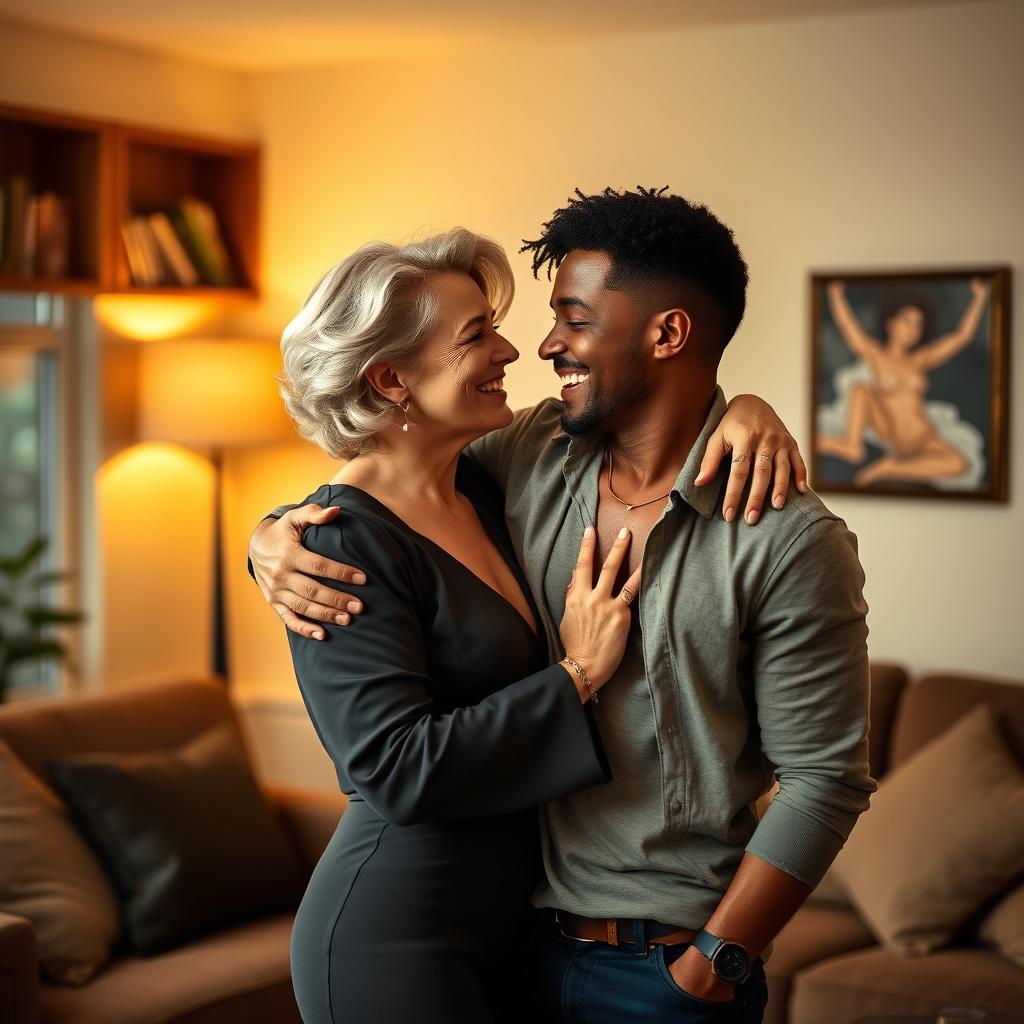 A mature white woman with elegant features and a confident posture, embracing a younger man who is of diverse descent