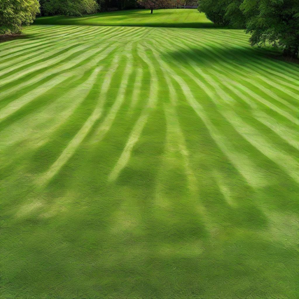 A sprawling, vibrant green lawn that has just been freshly mowed, with distinct, symmetrical stripe patterns.