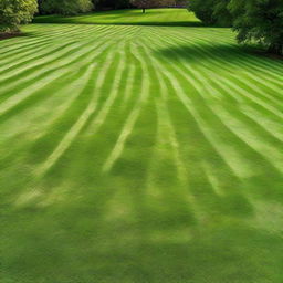 A sprawling, vibrant green lawn that has just been freshly mowed, with distinct, symmetrical stripe patterns.