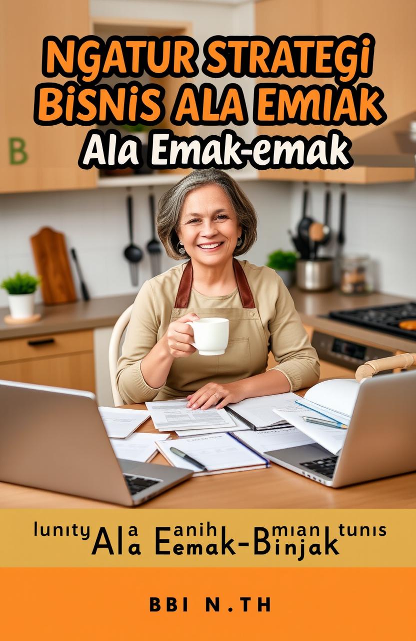 An e-book cover for "Ngatur Strategi Bisnis Ala Emak-emak" featuring a confident, middle-aged woman sitting at a kitchen table surrounded by business plans, notebooks, and a laptop