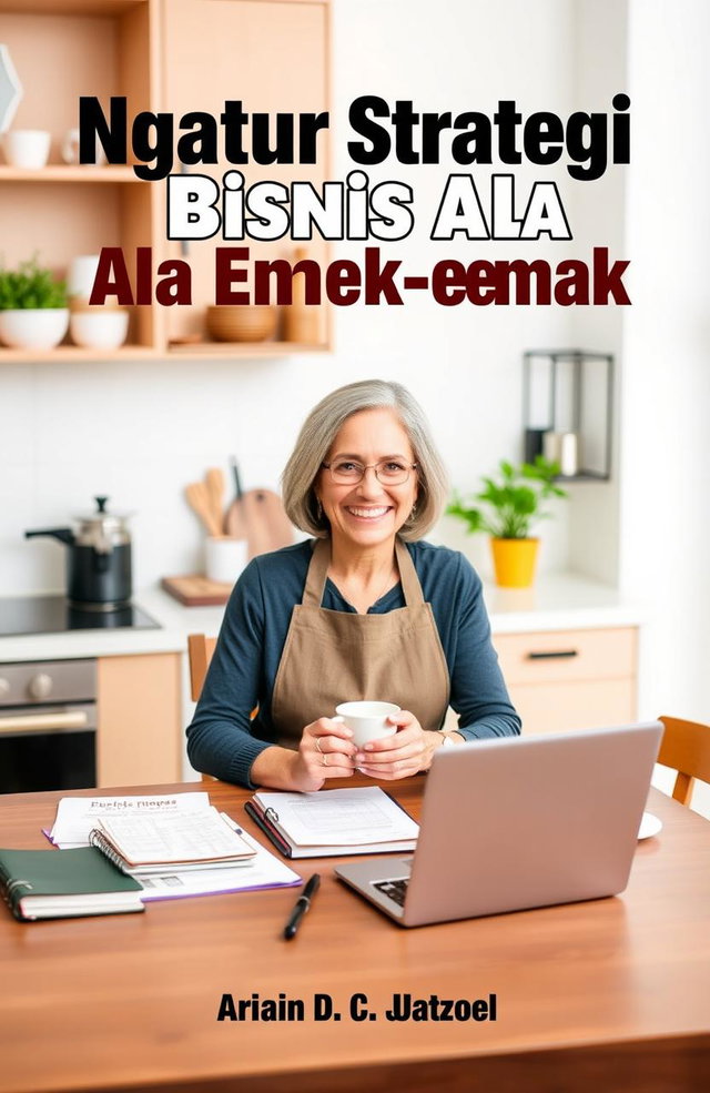 An e-book cover for "Ngatur Strategi Bisnis Ala Emak-emak" featuring a confident, middle-aged woman sitting at a kitchen table surrounded by business plans, notebooks, and a laptop
