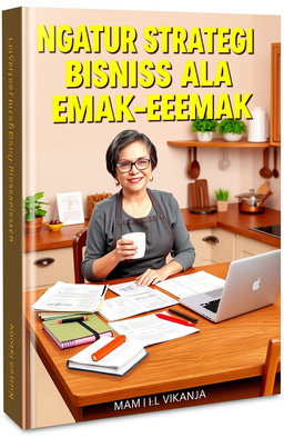 An e-book cover for "Ngatur Strategi Bisnis Ala Emak-emak" featuring a confident, middle-aged woman sitting at a kitchen table surrounded by business plans, notebooks, and a laptop