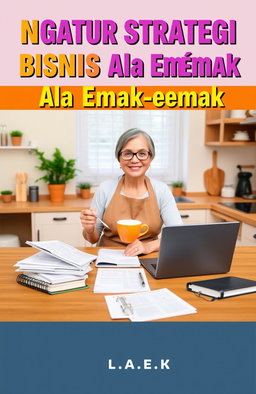 An e-book cover for "Ngatur Strategi Bisnis Ala Emak-emak" featuring a confident, middle-aged woman sitting at a kitchen table surrounded by business plans, notebooks, and a laptop