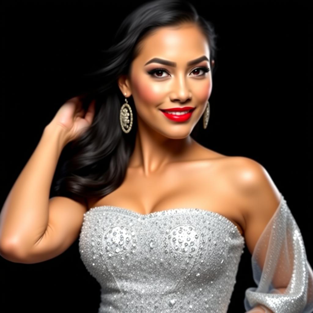 A stunning portrait of a confident woman with striking facial features, adorned in a sparkling silver gown that glimmers under the light