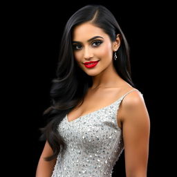 A stunning portrait of a confident woman with striking facial features, adorned in a sparkling silver gown that glimmers under the light