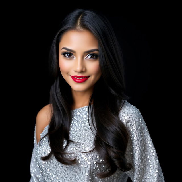 A stunning portrait of a confident woman with striking facial features, adorned in a sparkling silver gown that glimmers under the light