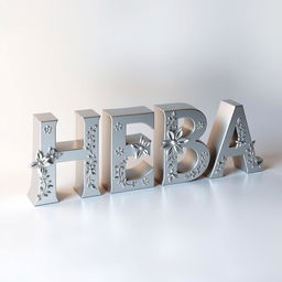 A stunning three-dimensional design featuring the word 'HEBA' crafted from aluminum, showcasing a sleek and reflective metallic finish