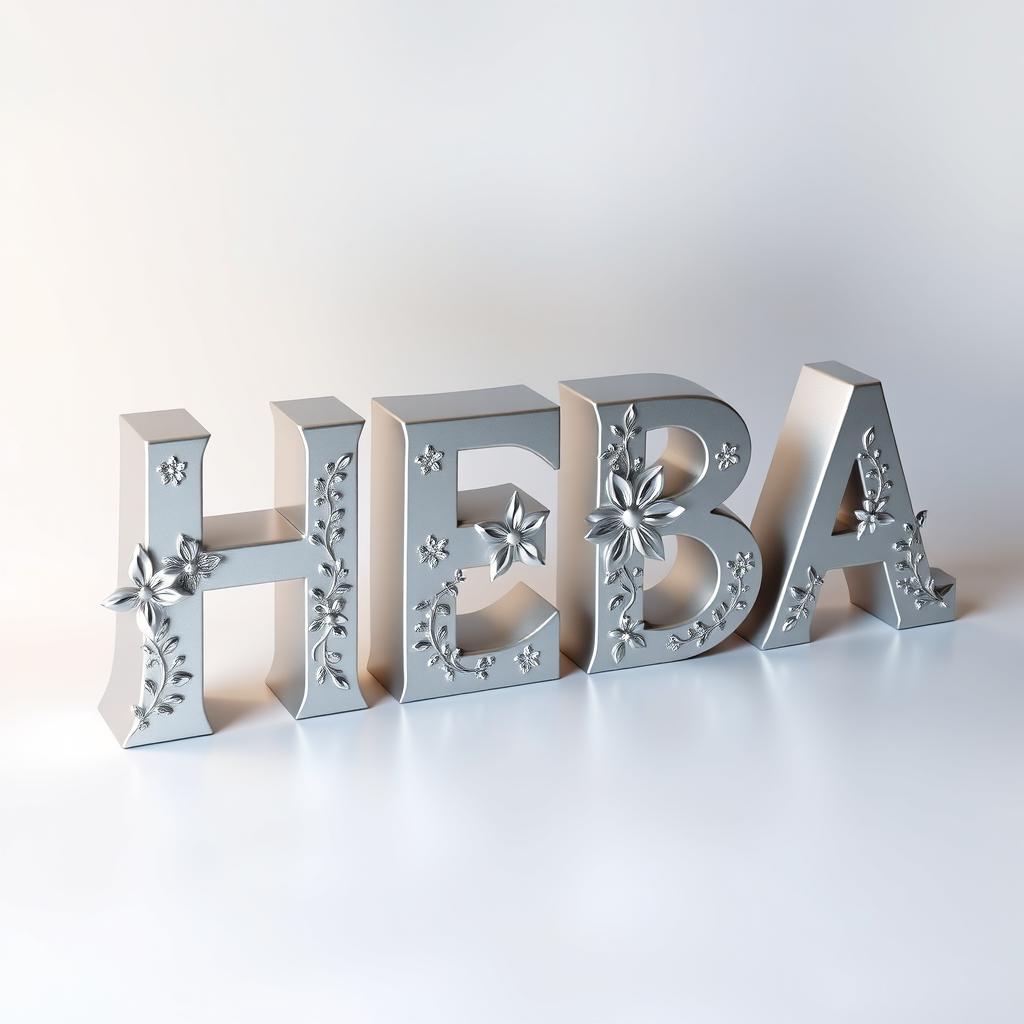 A stunning three-dimensional design featuring the word 'HEBA' crafted from aluminum, showcasing a sleek and reflective metallic finish