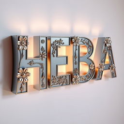 A stunning three-dimensional design featuring the word 'HEBA' crafted from aluminum, showcasing a sleek and reflective metallic finish
