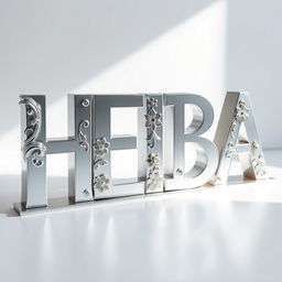 A stunning three-dimensional design featuring the word 'HEBA' crafted from aluminum, showcasing a sleek and reflective metallic finish