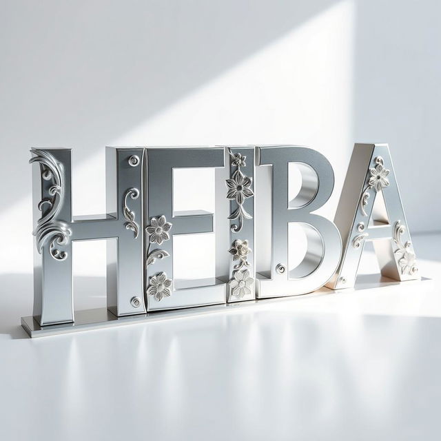 A stunning three-dimensional design featuring the word 'HEBA' crafted from aluminum, showcasing a sleek and reflective metallic finish