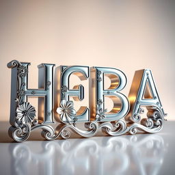 A stunning three-dimensional design featuring the word 'HEBA' crafted from aluminum, showcasing a sleek and reflective metallic finish