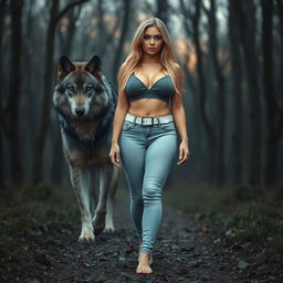 A beautiful, stunning, sexy girl with medium breasts, wide bulging hips, thick round fat thighs, and long shapely legs walking alongside a majestic wolf through a haunted forest at dusk