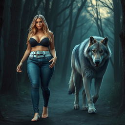 A beautiful, stunning, sexy girl with medium breasts, wide bulging hips, thick round fat thighs, and long shapely legs walking alongside a majestic wolf through a haunted forest at dusk