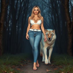 A beautiful, stunning, sexy girl with medium breasts, wide bulging hips, thick round fat thighs, and long shapely legs walking alongside a majestic wolf through a haunted forest at dusk