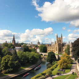 A picturesque view of the historic city of Cambridge, showcasing its iconic university architecture, including the stunning King's College Chapel with its Gothic spires, and the scenic River Cam with traditional narrowboats gently gliding by