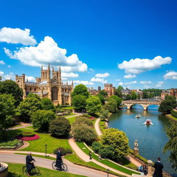 A picturesque view of the historic city of Cambridge, showcasing its iconic university architecture, including the stunning King's College Chapel with its Gothic spires, and the scenic River Cam with traditional narrowboats gently gliding by