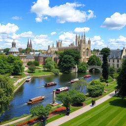 A picturesque view of the historic city of Cambridge, showcasing its iconic university architecture, including the stunning King's College Chapel with its Gothic spires, and the scenic River Cam with traditional narrowboats gently gliding by