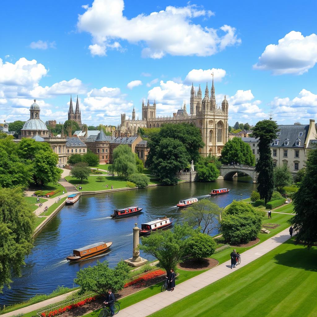 A picturesque view of the historic city of Cambridge, showcasing its iconic university architecture, including the stunning King's College Chapel with its Gothic spires, and the scenic River Cam with traditional narrowboats gently gliding by
