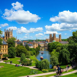A picturesque view of the historic city of Cambridge, showcasing its iconic university architecture, including the stunning King's College Chapel with its Gothic spires, and the scenic River Cam with traditional narrowboats gently gliding by