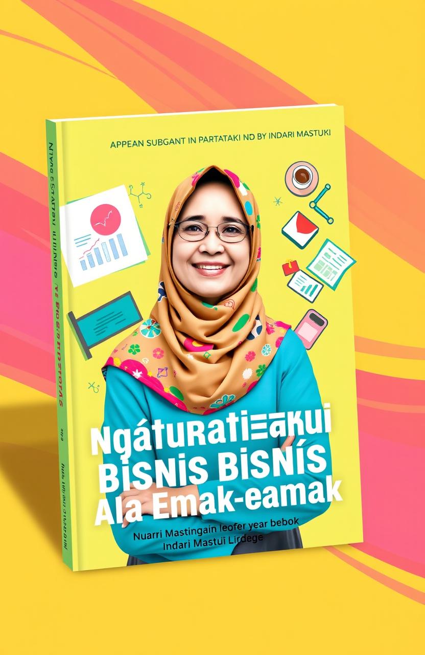 A vibrant and engaging e-book cover design for the title 'Ngatur Strategi Bisnis Ala Emak-emak' by Indari Mastuti, published by Indscript