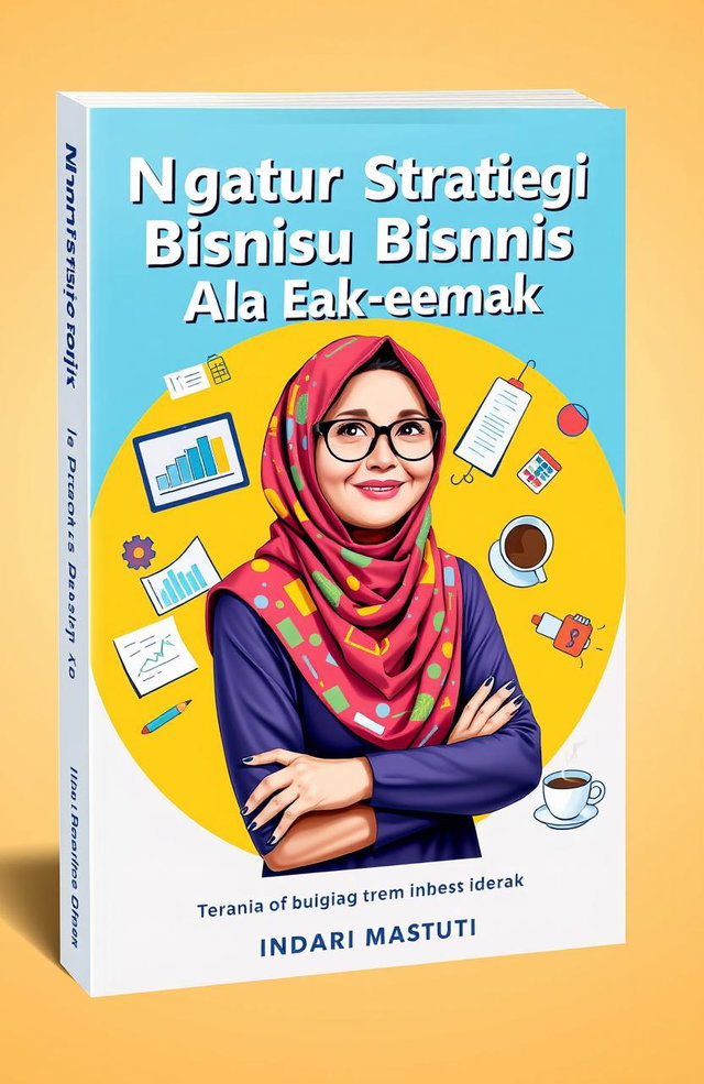 A vibrant and engaging e-book cover design for the title 'Ngatur Strategi Bisnis Ala Emak-emak' by Indari Mastuti, published by Indscript