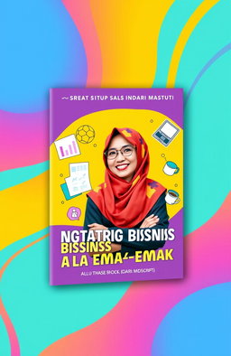 A vibrant and engaging e-book cover design for the title 'Ngatur Strategi Bisnis Ala Emak-emak' by Indari Mastuti, published by Indscript