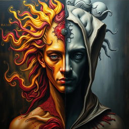 A striking painting showcasing the concept of bipolarity, featuring a figure split in two