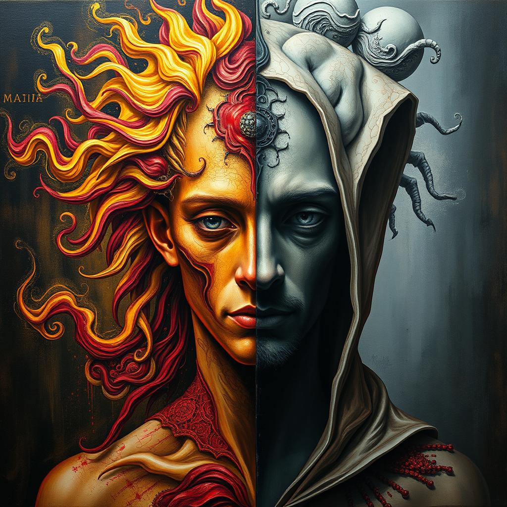 A striking painting showcasing the concept of bipolarity, featuring a figure split in two