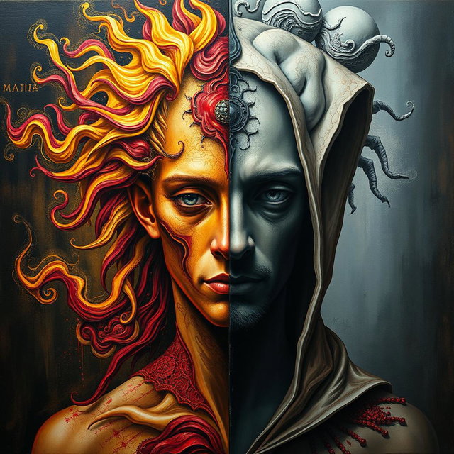 A striking painting showcasing the concept of bipolarity, featuring a figure split in two
