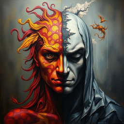 A striking painting showcasing the concept of bipolarity, featuring a figure split in two